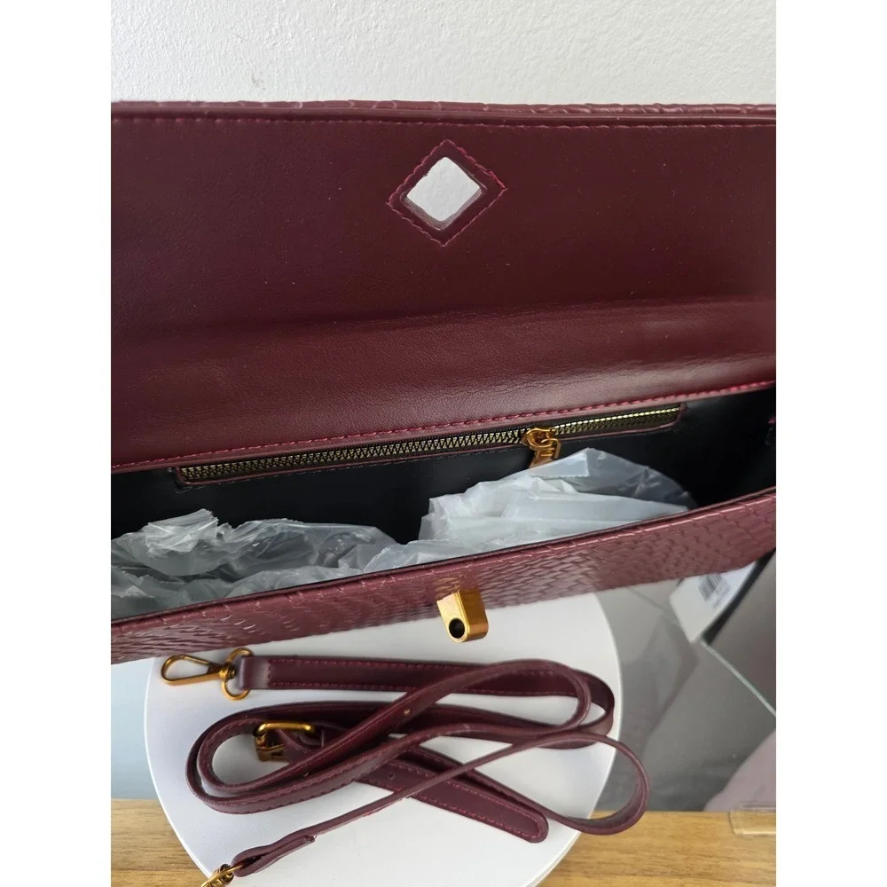 Woven Burgundy Vegan Leather Crossbody Clutch Bag with Knot Lock New